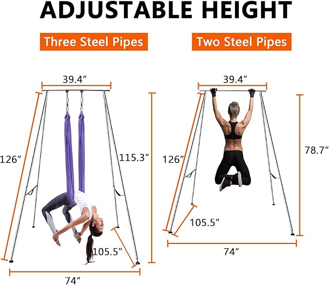 TECSPEC 9.6 FT/115.3 Inch Adjustable Height Aerial Yoga Frame & Hammock, Professional Swing Stand with 18 FT/33FT Aerial Silk, 550lbs Max Capacity-StrideForce Fitness