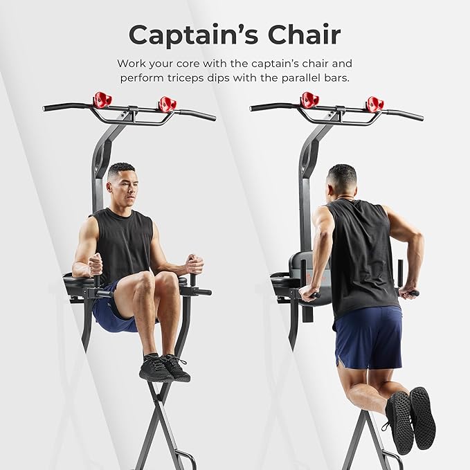 Sunny Health & Fitness Power Tower, Dip Bar, Push-Up & Pull Up Assisting Parallette Station w Optional Rock Climbing Grip Trainer-StrideForce Fitness