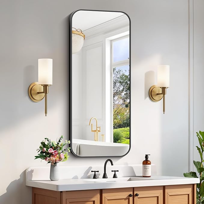 FORBATH Bathroom Mirror 20" x 48", Rectangle Black Bathroom Mirror with Black Aluminum Frame Rounded Corner, Wall Mounted Mirror for Bedroom Entryway Living Room-StrideForce Fitness