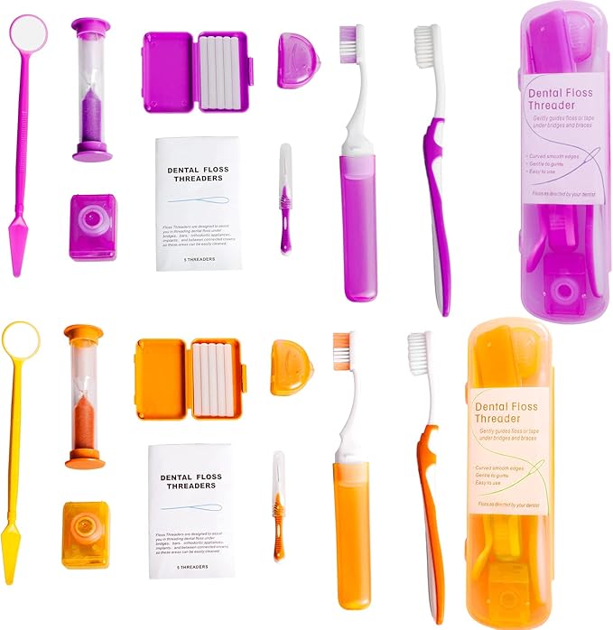 Wenge Portable Orthodontic Oral Care Kit - 2Pack - Travel Kit for Patients, Interdental Brushing Wax Floss Toothbrush Cleaning(Purple & Orange)