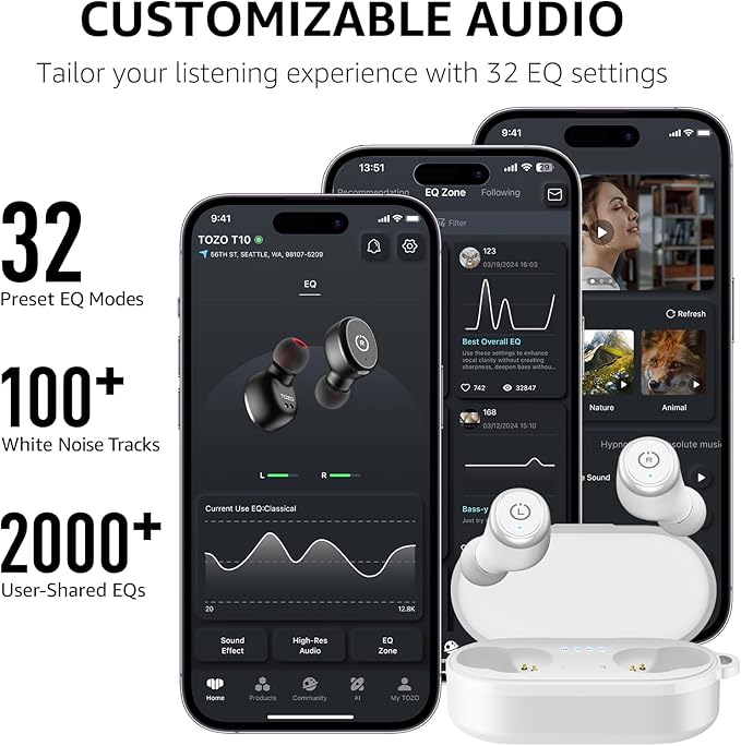 TOZO T10 Wireless Earbuds Bluetooth 5.3 Headphones, App Customize EQ, Ergonomic Design, 55H Playtime, Wireless Charging Case, IPX8 Waterproof Sound in-Ear Headset, 2025 New Version-StrideForce Fitness