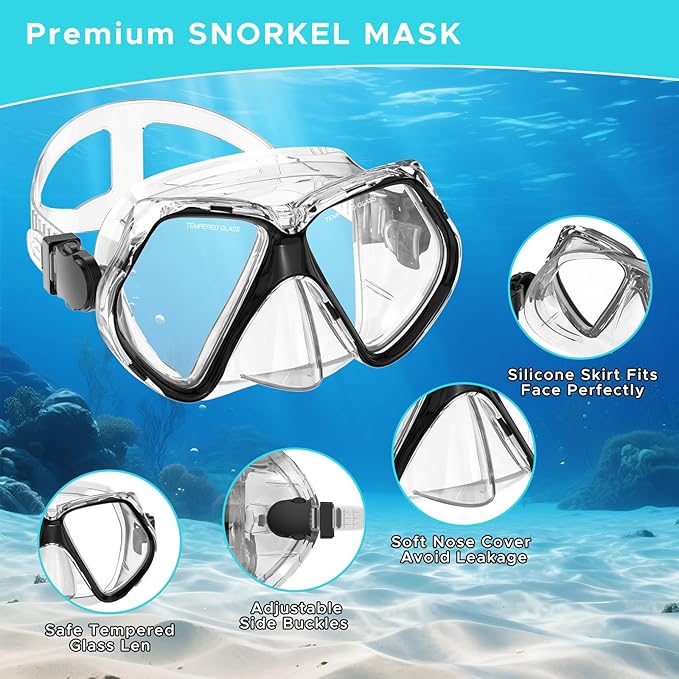 2 Pack Snorkeling Gear for Adults, Dry Snorkel, Mask Set Adult, Diving Scuba Mask, Scuba Gear, Swimming Goggles with Nose Cover, Swim Freediving Tempered Glass Panoramic View Travel Packages-StrideForce Fitness