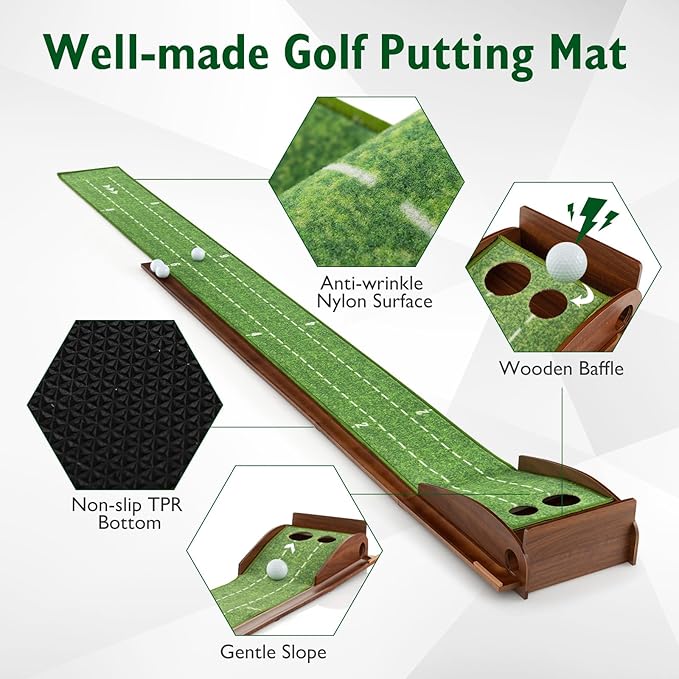 Tangkula 10 FT Golf Putting Green, 2/3-Hole Golf Putting Practice Mat with Auto Ball Return for Indoors & Outdoors, Alignment Guides & 3 Golf Balls, Mini Golf Game for Home and Office-StrideForce Fitness