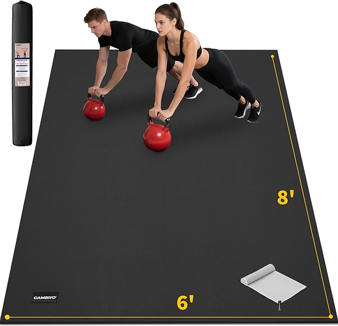 CAMBIVO Large Exercise Mat for Home Workout, 8'x6'/7'x5'/6'x4' (7 mm) Extra Thick Exercise Mat for Home Gym, Shoe-Friendly, Non-Slip Gym Mat for Jump Rope, Weights, Cardio, Fitness-StrideForce Fitness