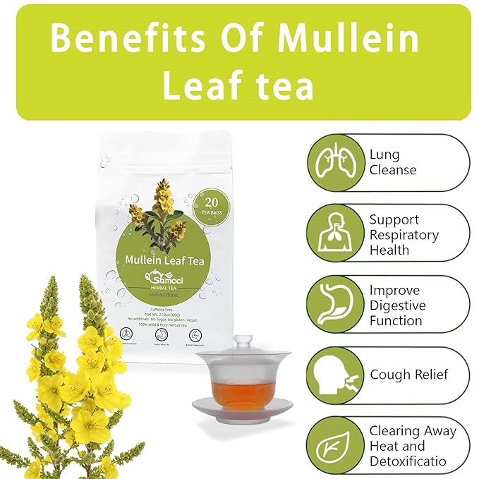 Samcci - Mullein Tea Bags, 20 Teabags, 3g/bag, 100% Pure Mullein Tea Bags for Lungs Cleanse, Natural Herbal Tea Bags, Caffeine Free & No Additives Mullein Leaf Tea for Detox & Respiratory Support-StrideForce Fitness