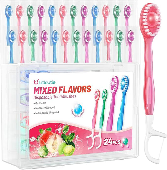 24 Pack 5-in-1 Disposable Toothbrushes with Toothpaste, Floss, Pick & Tongue Scraper, Portable Mini Toothbrush Travel Set for Kids Adults, Individually Wrapped, Work Camping, Mixed Flavor