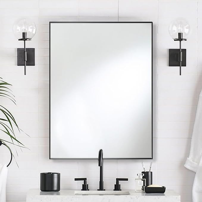 30x40 Inch Black Bathroom Mirror for Wall, Aluminum Frame Rectangle Rectangular Vanity Mirror, Modern Large for Bedroom, Living Room, Horizontal or Vertical-StrideForce Fitness