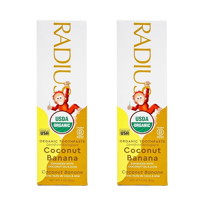 RADIUS Children's Toothpaste, Coconut Banana, 3 oz, Non-Toxic Chemical-Free Gluten-Free, Designed to Improve Gum Health & Prevent Cavities, Pack of 2
