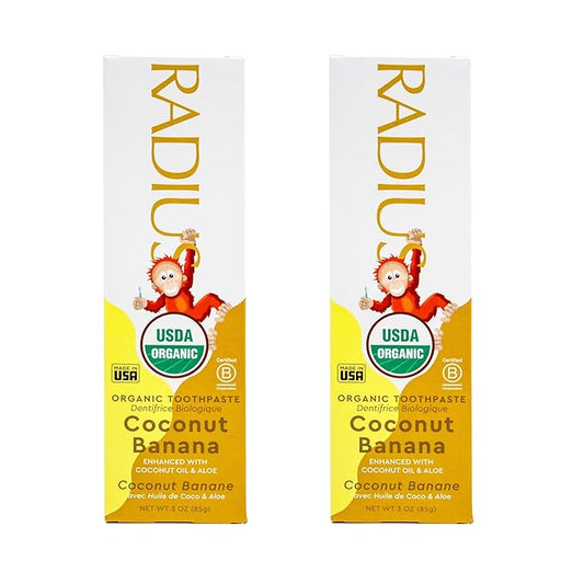RADIUS Children's Toothpaste, Coconut Banana, 3 oz, Non-Toxic Chemical-Free Gluten-Free, Designed to Improve Gum Health & Prevent Cavities, Pack of 2