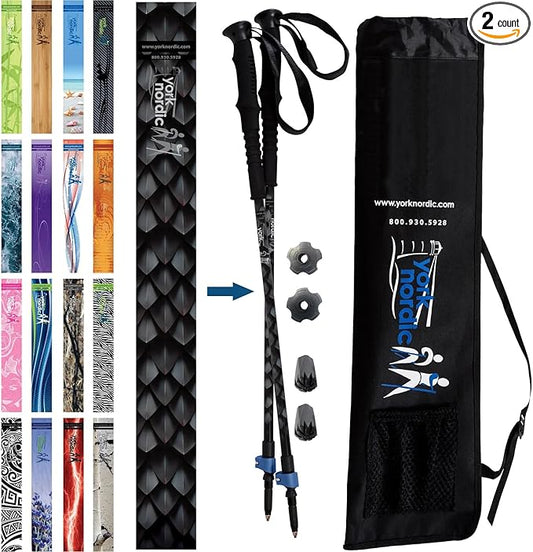 York Nordic Hiking & Walking Poles - Cushion Foam Grips w/Nordic Strap - Lightweight, Adjustable, and Great for Balance -2 Pieces w/Flip Locks, and Travel Bag - Heights 5'4"-6'2"-StrideForce Fitness