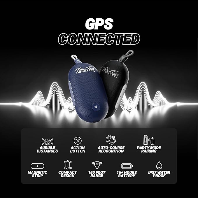 Blue Tees Golf Player Go - Compact GPS Speaker, Bluetooth Music & Audible GPS Distances, Auto Course Recognition, IPX7 Waterproof, 40,000+ Preloaded Courses, 16+ Hours Battery, Built-in Magnetic Strip-StrideForce Fitness