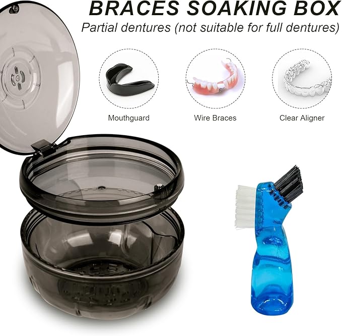 Retainer Cleaning Case,Portable No-Leak Denture Cup Case with Dentures Brush Kit, Travel Retainer Cases with Vent Holes for Clear Aligner,Mouth Guards,Night Guard,Dentures (Black)