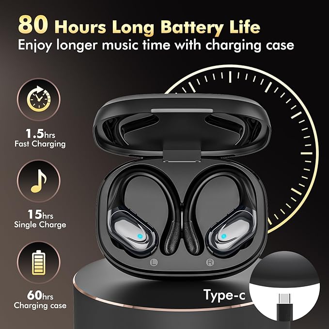 Wireless Earbuds, Sports Bluetooth Headphones, 80Hrs Playtime Ear Buds with LED Power Display, Noise Canceling Headset, IPX7 Waterproof Earphones for Workout/Running (Black)-StrideForce Fitness