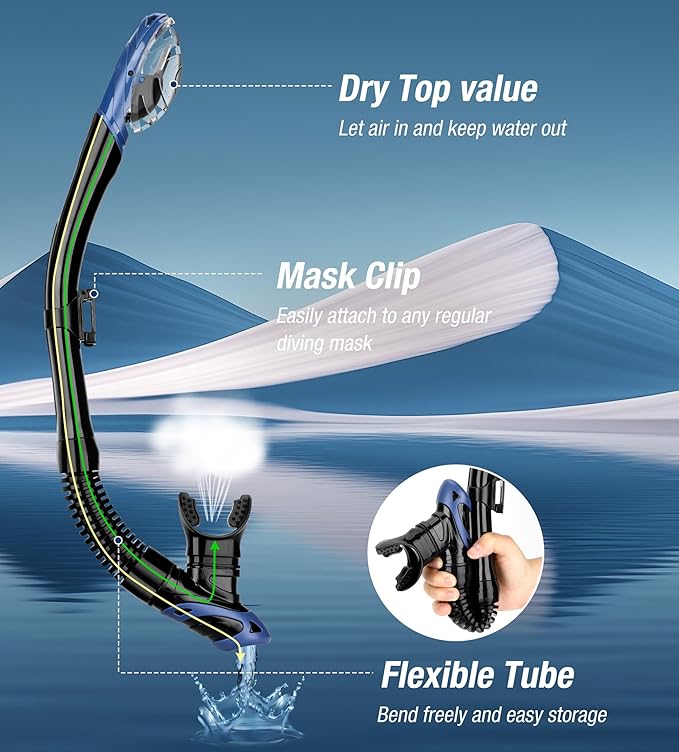 Aegend Dry Snorkel, Dive Mask Easy-Breath Free Diving Snorkel for Snorkeling Scuba Diving Freediving Swimming, with Top Dry Valve and Food-Grade Silicone Mouthpiece-StrideForce Fitness