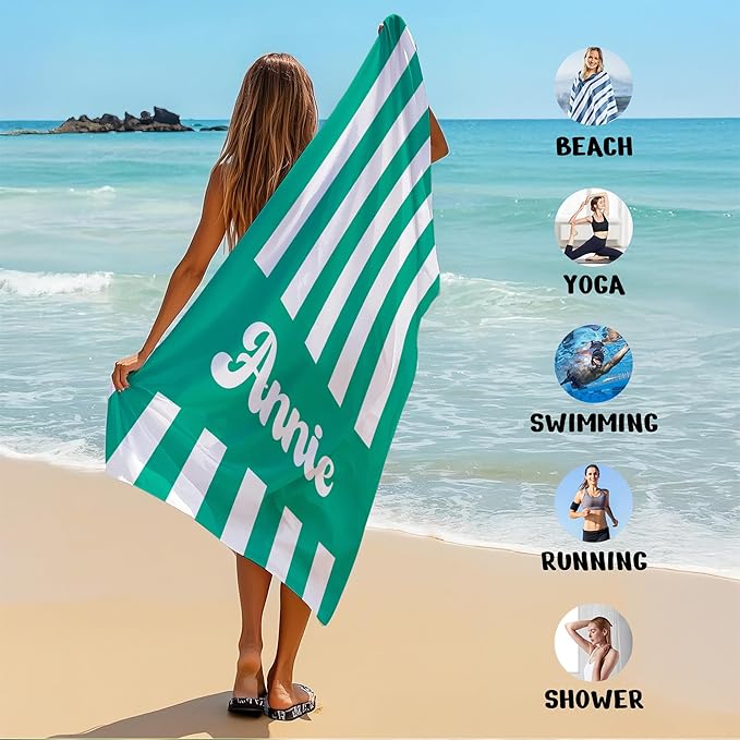 JML Personalized Beach Towel with Name, Custom Cabana Stripe Beach Towel, Customized Microfiber Pool Towel, Quick Dry & Absorbent Swim Towel for Adult,Mother's Day, Birthday, Summer Holiday,Vacation-StrideForce Fitness