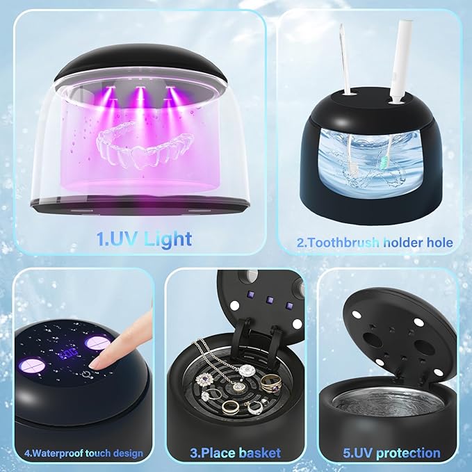 Upgraded Ultrasonic Retainer Cleaner Machine, 45kHz Dental Cleaning for Jewelry, Watch Strap, Night Guards, Toothbrush, Mouth Guards, Aligner, Braces,Denture Cleaners with Digital Timer, 200ML (Black)
