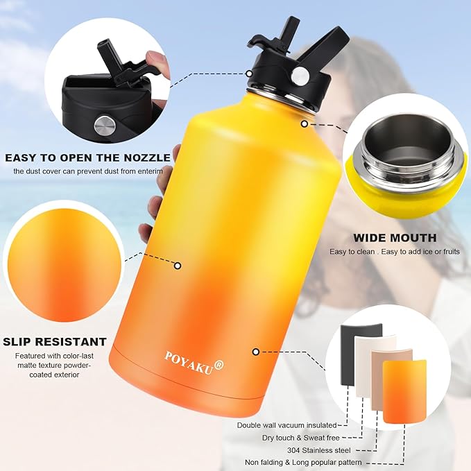 Water Bottle Insulated 32oz 40oz 64oz 128oz Straw Lid Spout Lid & 3 Lids, Leak Proof, Vacuum Insulated,Stainless Steel Water Bottle Wide Mouth for Sports, Gym or Office-StrideForce Fitness