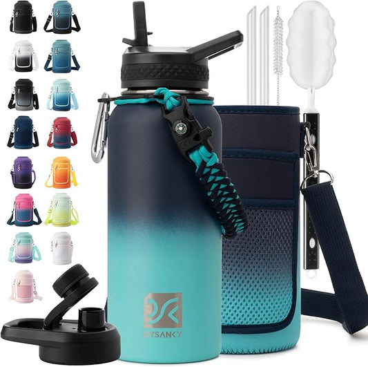 Insulated Water Bottle | Thickened Stainless Steel Vacuum Metal | Portable Sports Water Jug for Gym and Hiking with Straw, Carrier Bag, Handle Strap | BPA-Free 32 oz-StrideForce Fitness