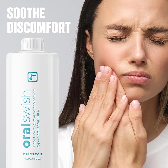 BRIOTECH Oral Swish, Hypochlorous Acid Mouthwash Rinse, Gentle Oral Care Hygiene, Fight Bad Breath, Support Against Plaque, Gum Irritation & Tender Gums, Alcohol & Fluoride Free, 17 fl oz