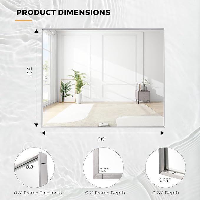 30x36 Inch Nickel Bathroom Mirror for Wall, Aluminum Frame Rectangle Rectangular Vanity Mirror, Modern Large for Bedroom, Living Room, Horizontal or Vertical-StrideForce Fitness