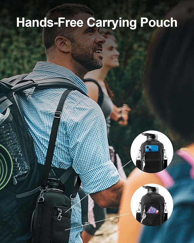 Trebo 64 oz Water Bottle Insulated with Handle, Half Gallon Stainless Steel Metal Large Jug, Travel Flask with Straw Spout Lid, Mug Tumbler Cup with Carry Pouch, Keep Cold Hot, Indigo Black-StrideForce Fitness