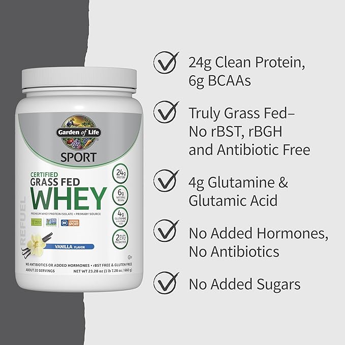 Garden of Life SPORT Whey Protein Powder Vanilla, Premium Grass Fed Whey Protein Isolate plus Probiotics for Immune System Health, 24g Protein, Non GMO, Gluten Free, Cold Processed - 20 Servings-StrideForce Fitness