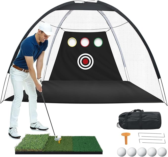 10x7FT Golf Practice Net for Backyard Indoor Outdoor Training, Golf Hitting Net with 3-Color Turf Mat, 5 Golf Balls and Tee, Perfect for Driving, Chipping and Swing Practice-StrideForce Fitness
