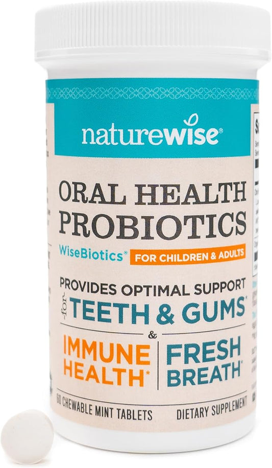 NatureWise Oral Probiotics for Mouth Bad Breath - Chewable Sugar-Free Mint - Lactobacillus reuteri Chewable - Oral Probiotics For Kids & Adults - Non-GMO USA Manufactured - 60 Count[60-Day Supply]