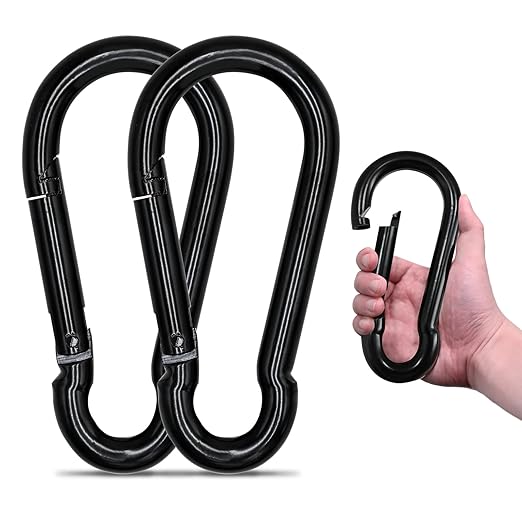 KINLINK 2 Pack Black Carabiner Clip, 7 inch Heavy Duty Spring Snap Hook, Large Caribeener Clips for Camping, Swing Set, Hammock, Hiking, Travel, Weight Lifting Machine, Home Gym Equipment-StrideForce Fitness