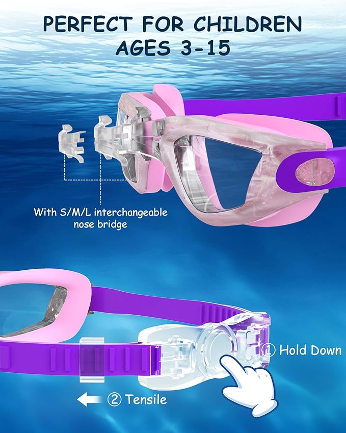 Kids Swim Goggles, Swimming Goggles for Kids Toddlers 3-14 with Swim Cap, Nose Clip, Nose Bridge, Ear Plugs-StrideForce Fitness