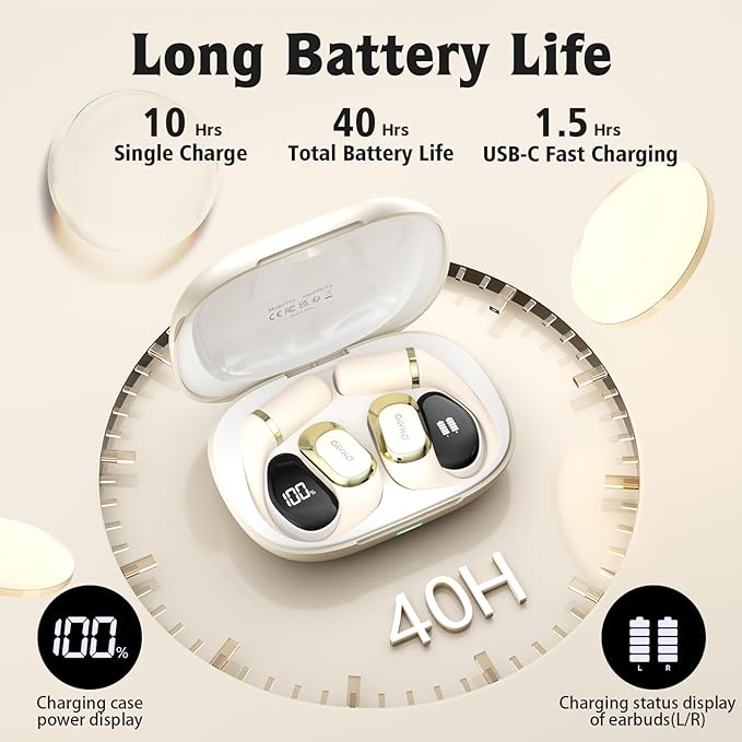 OHAYO Open Ear Headphones,Earbuds with Ergonomic Earhook,Bluetooth Headphones 5.4 with Smart Digital Display,40H Playtime,IPX6 Waterproof,Touch Control Earphones Fit Cycling,Running,Workout(Beige)-StrideForce Fitness