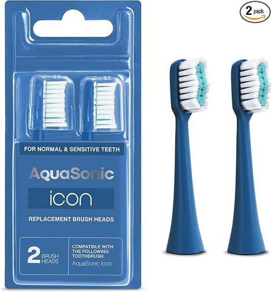 AquaSonic Genuine Icon Replacement Brush Heads | Compatible with AquaSonic Icon Toothbrush | 2 Brush Heads | for Normal & Sensitive Teeth (Navy)