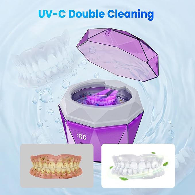 Rechargeable Ultrasonic Cleaner with 2*2000mAh Battery, 18±3W Denture Cleaner Machine| 43±5KHz Sonic, Digital Timer, U-V-C Light, Dental Retainer Cleaning Pod for Invisalign Mouthguard Braces Jewelry