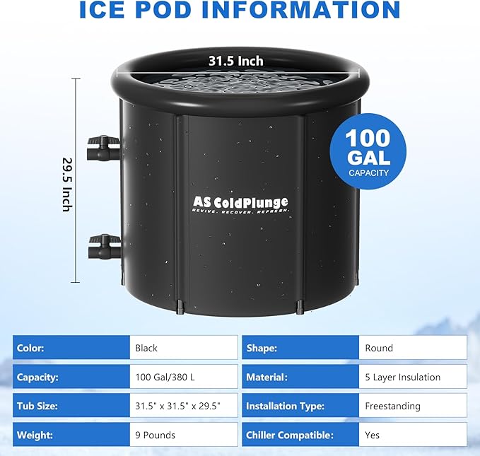 1/3HP Ice Bath Chiller & Cold Plunge Tub Kit – XL 100 Gal Insulated Ice Pod, External Pump & Filter, Cold Plunge Tub with Water Chille for Athletes, Recovery & Home Wellness-StrideForce Fitness