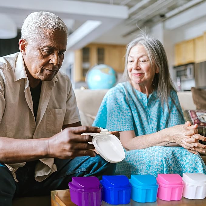 Denture Soaking Box Orthodontic Retainer Bath Case with Strainer Basket, False Teeth Container Dental Denture Bath Box Case Cup for Travel Cleaning - White