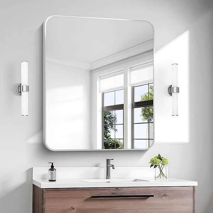 Silver Bathroom Mirror,30x36 inch Wall Mirror for Bathroom Wall Mounted,Rectangle Mirror for Bathroom Over Sink,Modern Frame Round Corner for Living Room,Bedroom Entryway,Horizontal/Vertical-StrideForce Fitness
