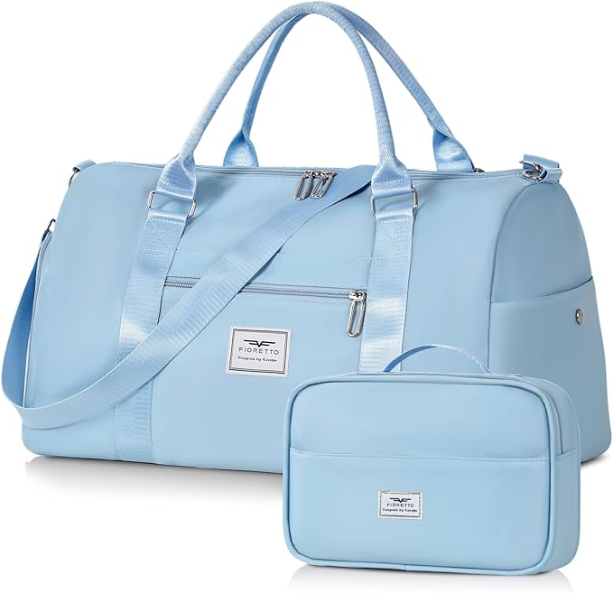 FIORETTO Womens Gym Tote Duffle Bag with Toiletry Bag, Sports Duffel Overnight Hospital Workout Carry on Bag for Girls with Wet Pocket & Shoe Compartment, Ideal for Travel, Swimming, Dance Light Blue-StrideForce Fitness