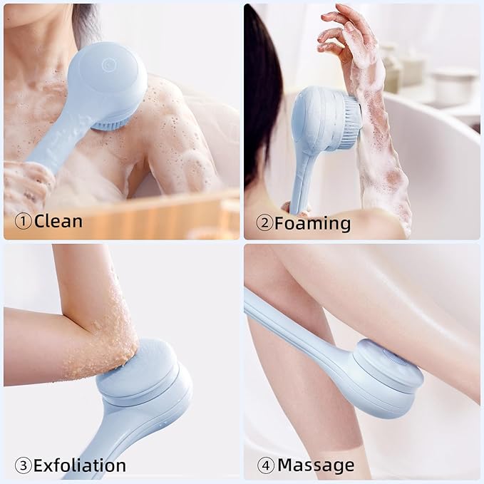 Electric Body Brush Back Scrubber for Shower, Waterproof Long Dual Handle Power Body Scrubber with 3 Heads, Rechargeable Bath Brush & 2 Speeds, for Cleansing, Exfoliating and Massaging Skin-StrideForce Fitness
