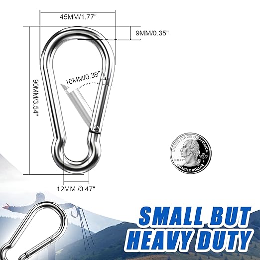 Carabiner Clip Hooks, 10pcs 3.54 inch Carabiners Heavy Duty, 304 Stainless Steel Spring Snap Hook Fits Camping Hiking, Metal Clips for Rope Chain Keys Rings-StrideForce Fitness