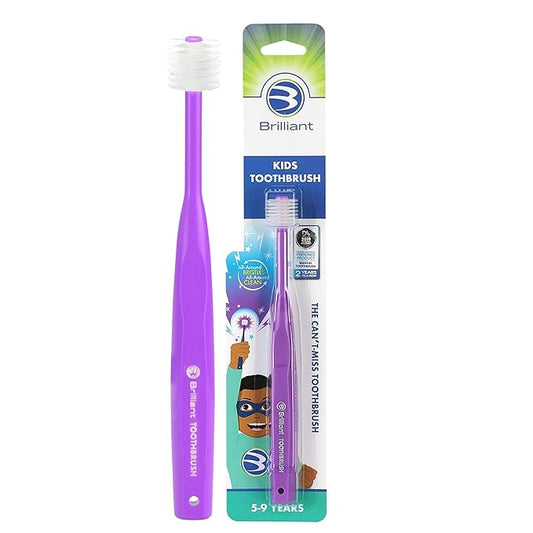 Brilliant Oral Care Kids Toothbrush with Soft Bristles and Round Head, for a Child Approved, Easy to Use All-Around Clean Mouth, Ages 5-9 Years, Purple, 1 Pack