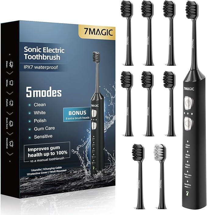 7MAGIC Sonic Electric Toothbrush for Adults and Kids - Up to 180 Days Runtime, 42000 VPM Powered Toothbrush, 5 Modes & 3 Intensities for Sensitive Teeth & Braces, Includes 8 Brush Heads, Black