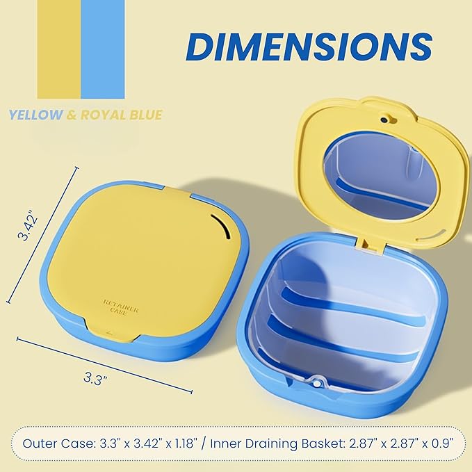 Retainer Case with Mirror and Vent Holes, Cute Slim Aligner Case Compatible with Invisalign, Magnetic Closure Orthodontic Case for Retainers and Mouth Guards (Yellow & Royal Blue)