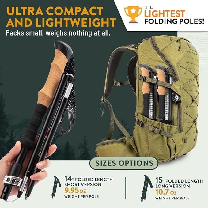 Premium Foldable Hiking Poles by USA Brand - Adjustable, Lightweight Trekking Poles Made of Aircraft Aluminum, Metal Flip Locks & Comfortable Real Cork and EVA Foam Grips-StrideForce Fitness