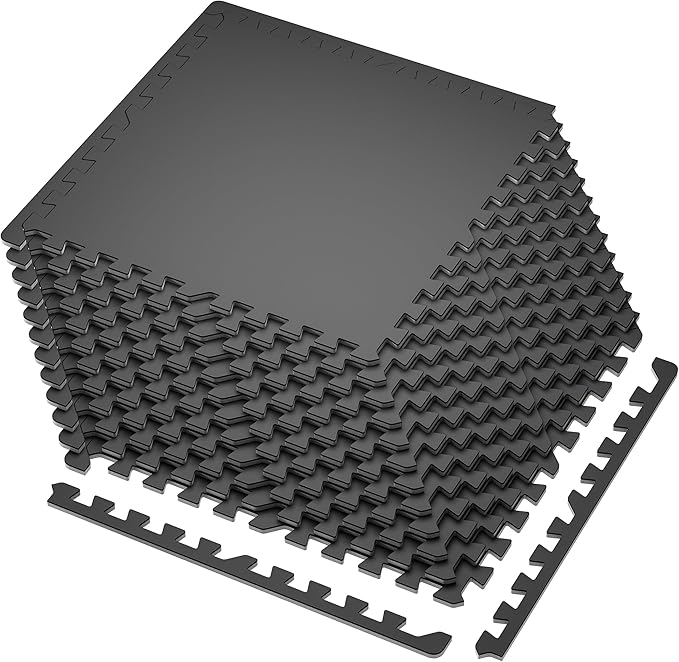 SUPERJARE 0.4'' Thick 12 Pcs 48 Sq Ft Rubber Top Exercise Equipment Mats, High Density EVA Foam Mats with Rubber Top, Interlocking Gym Flooring for Home Gym, Protective Workout Mat, Black-StrideForce Fitness