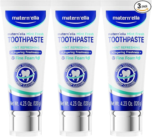 matern'ella Toothpaste for Sensitive Gums, Fluoride & SLS Free, Removing Stains Hydrated Silica, with Probiotics & Xylitol Mint Fresh 4.23 oz Pack of 3