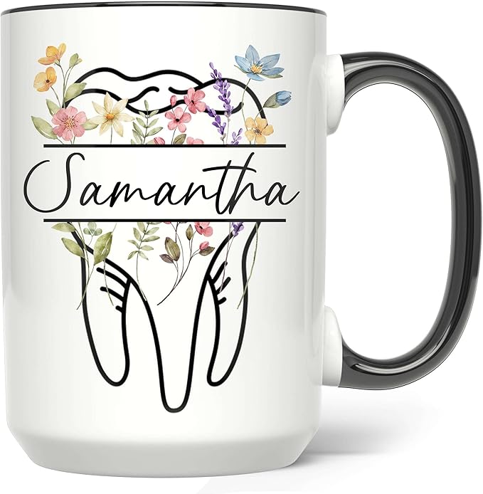 Personalized Floral Dentist Dental Hygiene Mug - Dental Assistant Mug - Dental Nurse Orthodontics Graduation Gift - Dentist Custom Name 11Oz 15Oz (DENTAL-M2)