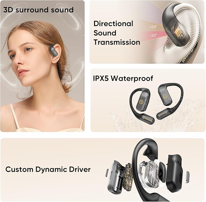 BUGANi Open Ear Headphones Wireless Earbuds,5.4 Bluetooth Headphones, IPX5 Waterproof Ear Buds for Running Workout Cycling Gift (White)-StrideForce Fitness