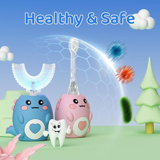 Kids U Shaped Electric Toothbrush, with 3 Cleaning Modes, with 4 Brush Heads, 360° Sonic Automatic Toothbrush, IPX7 Waterproof Cartoon Dinosaur Design (Ages 2-12)