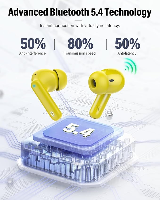Wireless Earbuds, Bluetooth 5.4 Headphones Bass Stereo, Ear Buds with Noise Cancelling Mic, IP7 Waterproof in Ear Earphones, 36H LED Display Bluetooth Earbuds for Laptop Pad Phones Sports, Yellow-StrideForce Fitness