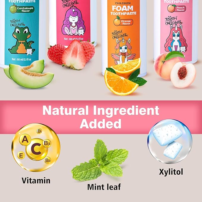 NOHOO Fluoride Free Foam Toothpaste Kids Peach Flavour,Natural Training Toothpaste for Baby Toddler Children Oral Cleaning and Cavity Protection(2 Pack)